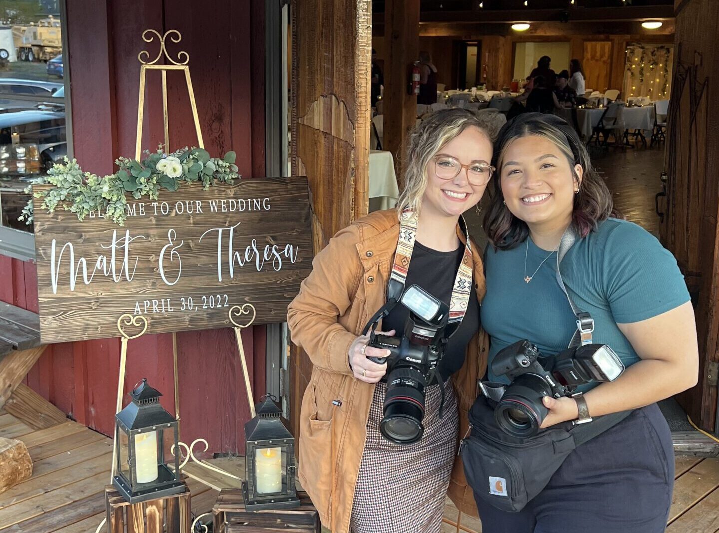 Angie Rich, San Antonio wedding photographer, working alongside her second shooter during a wedding day.