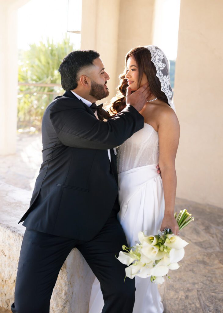 Romantic sunset portraits of newlyweds at Chapel Dulcinea in Austin, Texas, photographed by Angie Rich Photography.