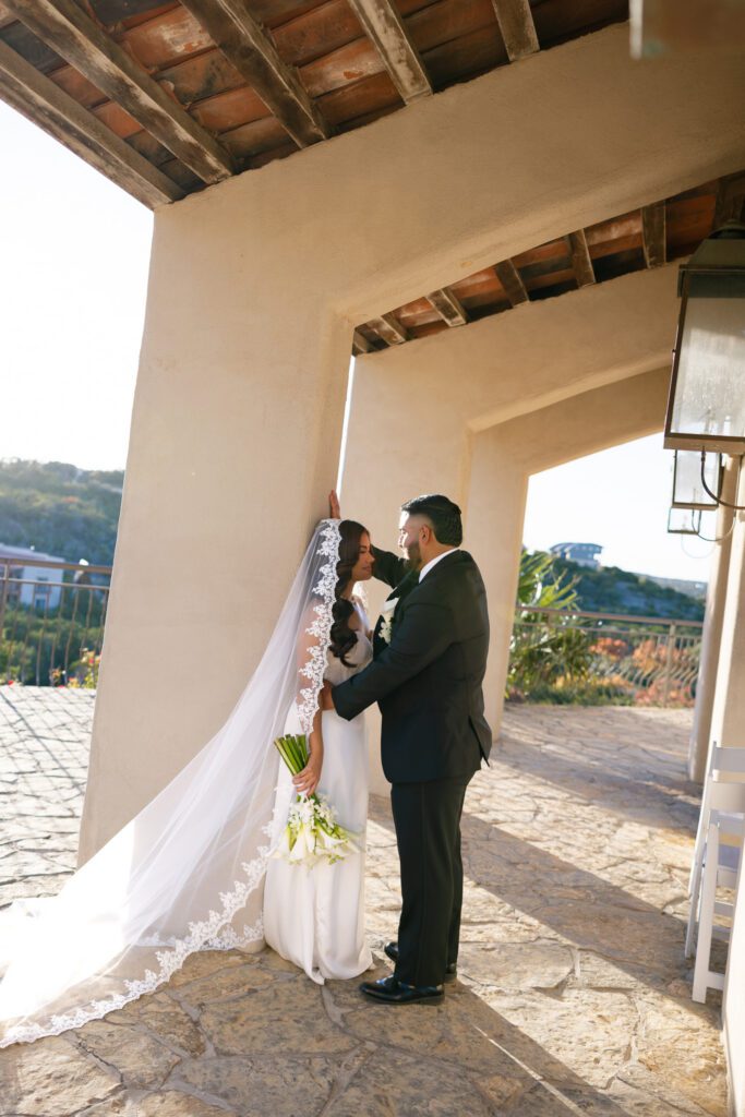 Golden hour portraits beneath the chapel archways at Chapel Dulcinea in Austin, Texas.
